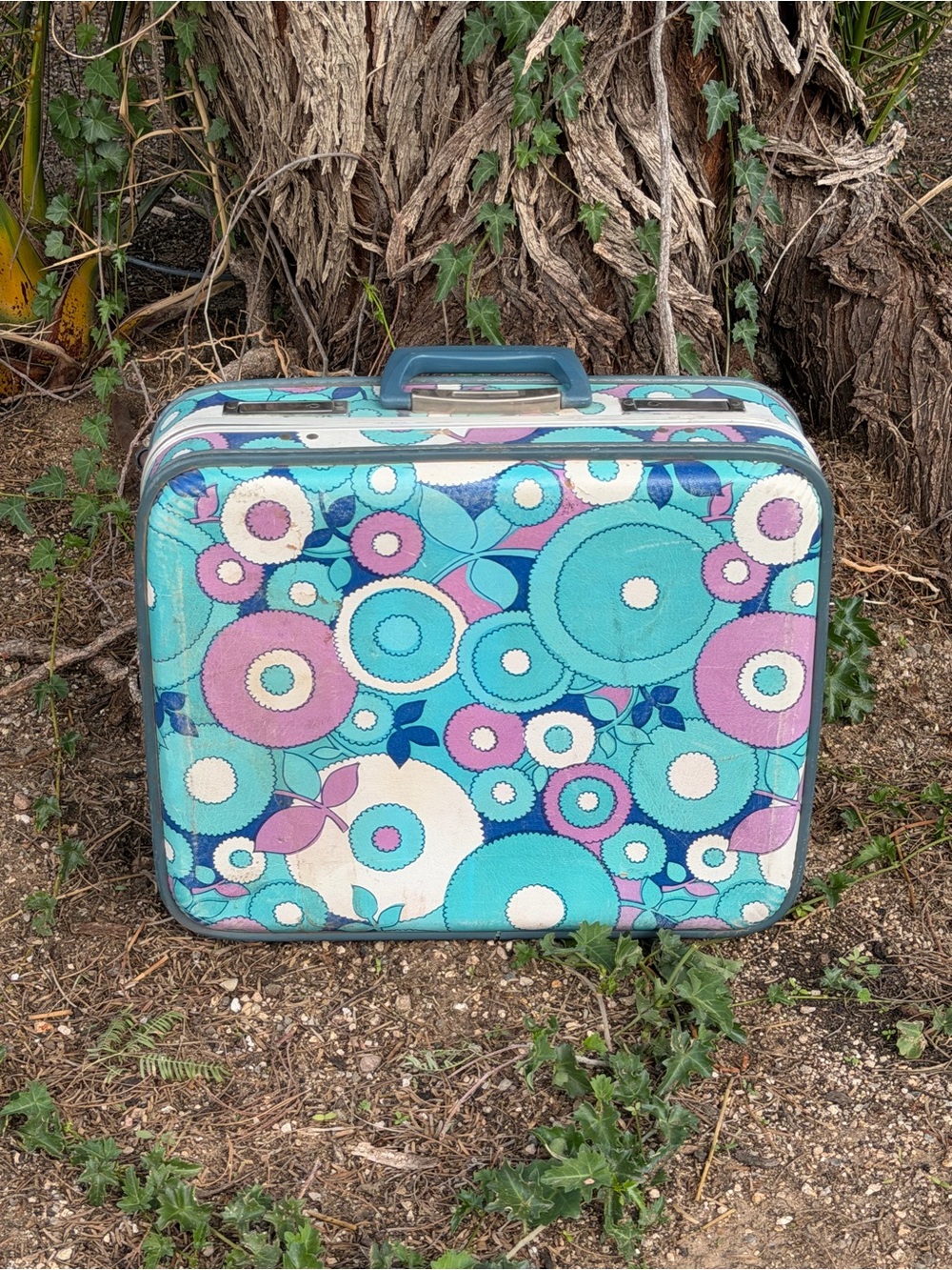Trojan Vintage Blue Mod Floral Hard Suitcase  Luggage Train Case Overnight MCM
